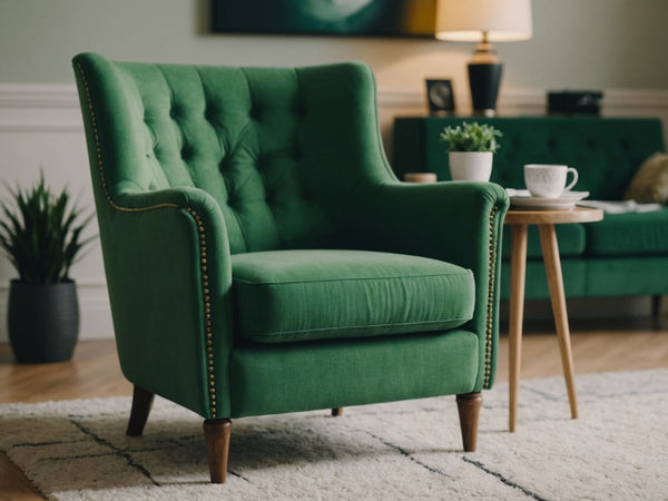 Green armchair in a modern living room setting.