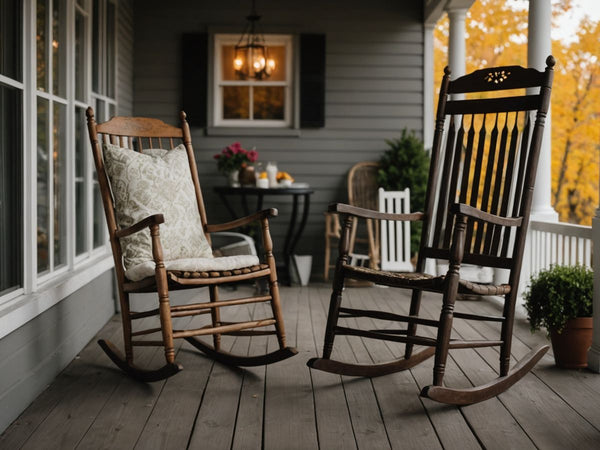 Wooden rocking chair on a porch with cushions.
