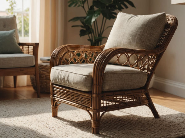 Rattan armchair in a bright, cozy living room corner.
