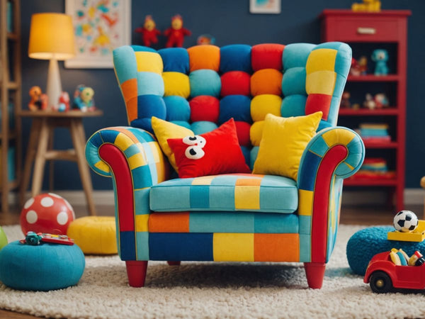 Children's armchair with toys and playful patterns.