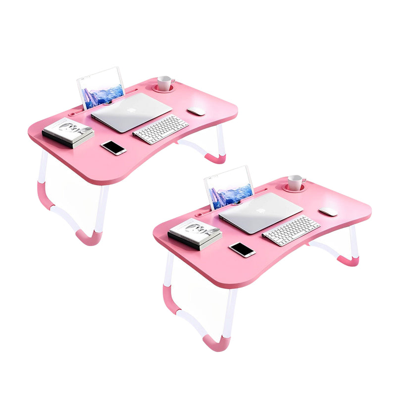 2X Pink Portable Adjustable Bed Table MDF Folding Desk with Cup Holder