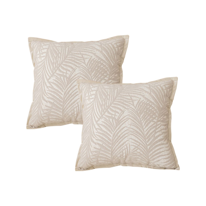 2X 45cm Square Velvet Jacquard Palm Leaf Throw Pillow Beige 15cm Thick