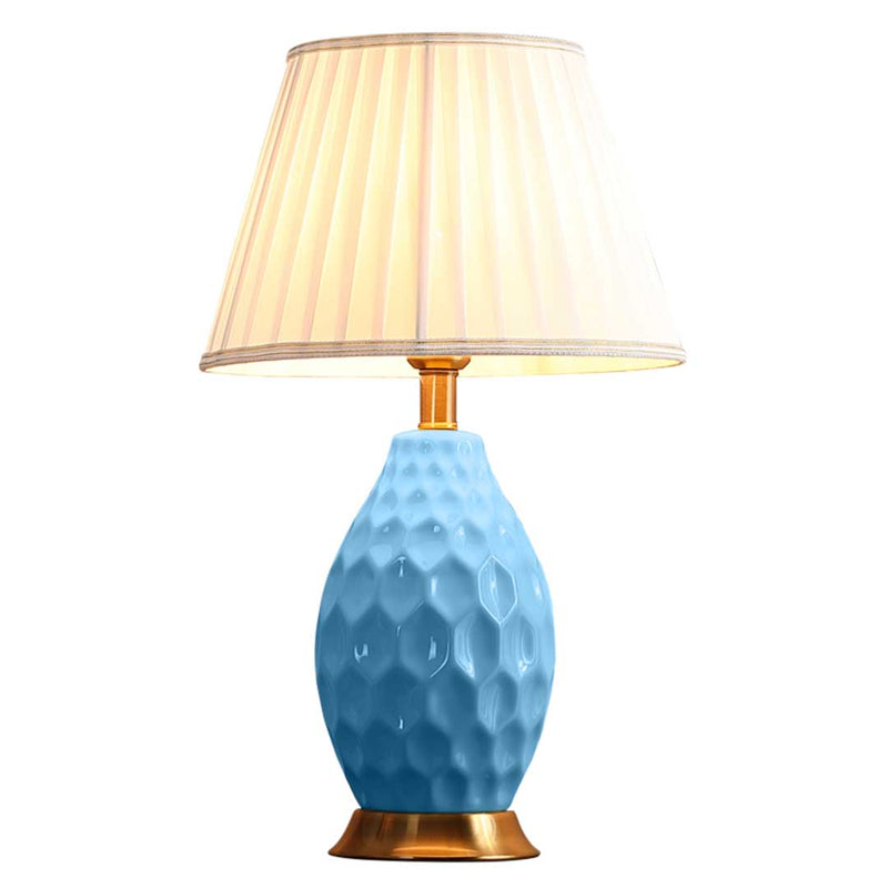 Textured Ceramic Oval Table Lamp Gold Metal Base Blue Drum Shade 55cm