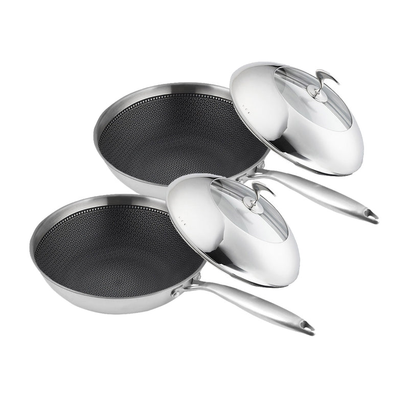 2X Stainless Steel Non Stick Fry Pan 30cm Skillet with Glass Lid Cooking
