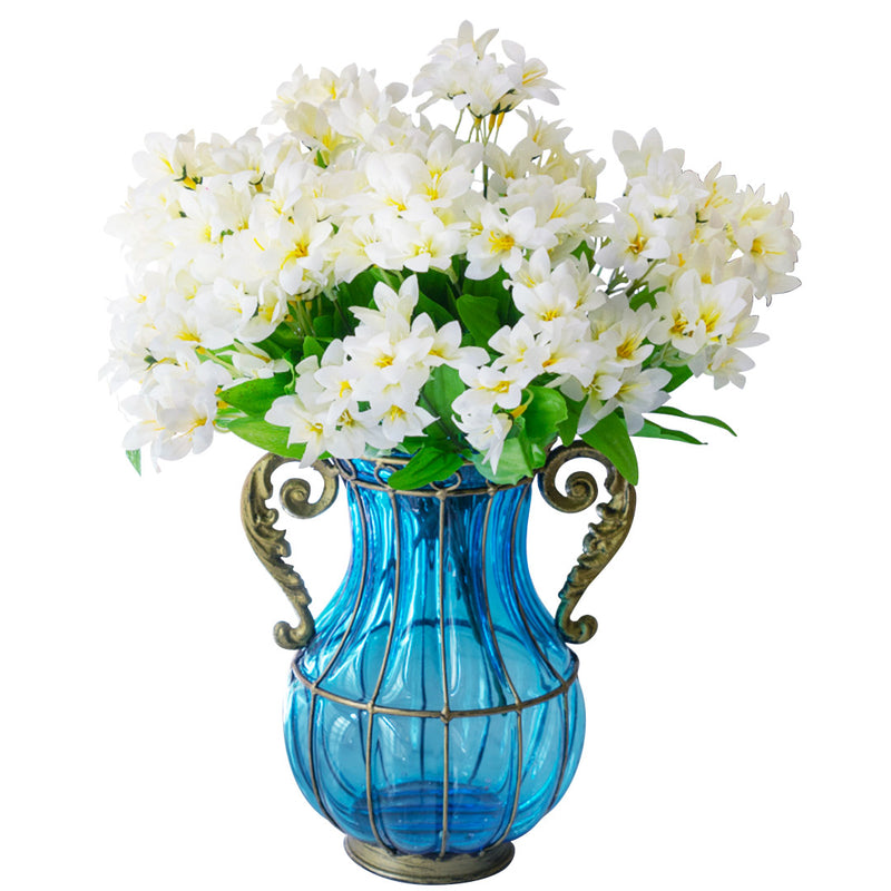 Blue Glass Vase 10x14x26cm Silk White Lilium Bouquet 10 Bunch 6 Heads