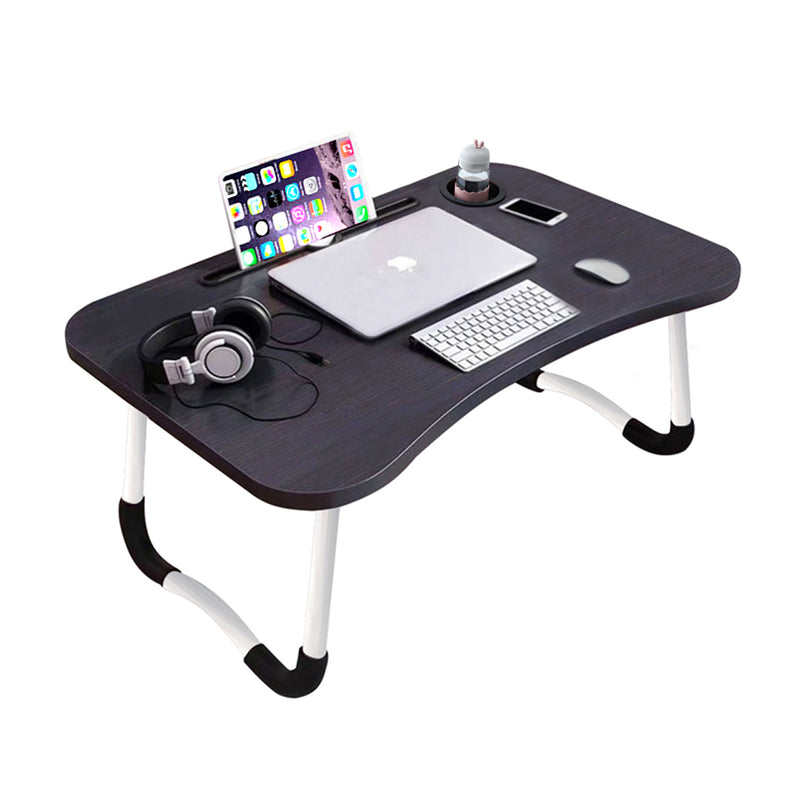 Portable Bed Table Mdf Aluminum Alloy Frame 60x40x28cm Foldable Cup Holder Black