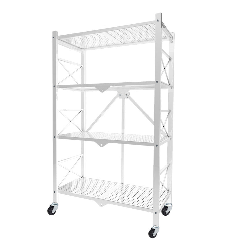 4 Tier Foldable White Steel Cart with Wheels Large Storage Organizer 71x36x126cm