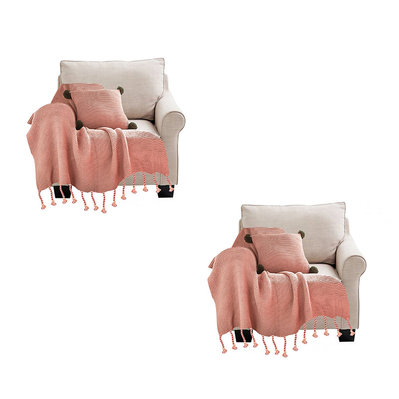 2X Pink Knitted Throw Blanket Acrylic 130cmx170cm Tassel Fringe Waffle Weave
