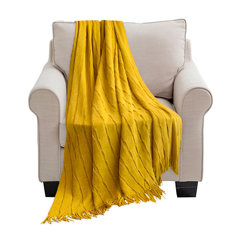Mustard Knitted Throw Blanket Acrylic 130cmx170cm Textured Tassels Cozy