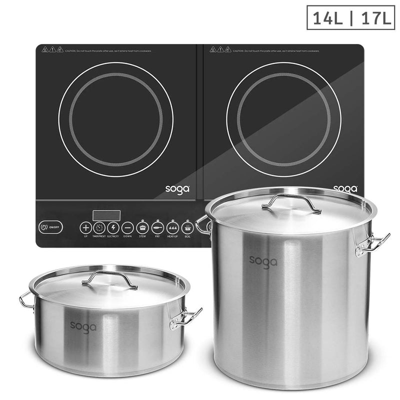 Dual Induction Cooktop 1800W Per Burner Commercial Stainless Stock Pots 17L 14L