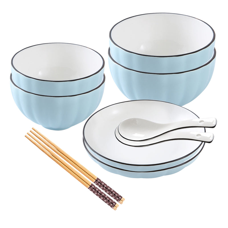 Japanese Blue Ceramic Dinnerware Set of 6 4.5in Bowl 7.5in Plate 6in Noodle Bowl