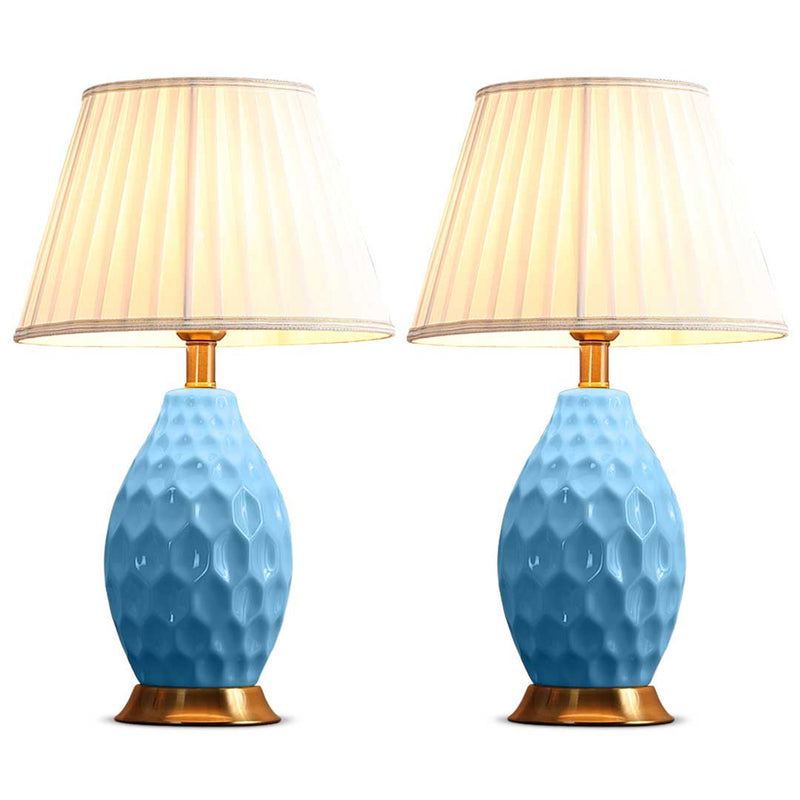 2X Textured Ceramic Oval Table Lamp Gold Metal Base Blue Drum Shade 55cm