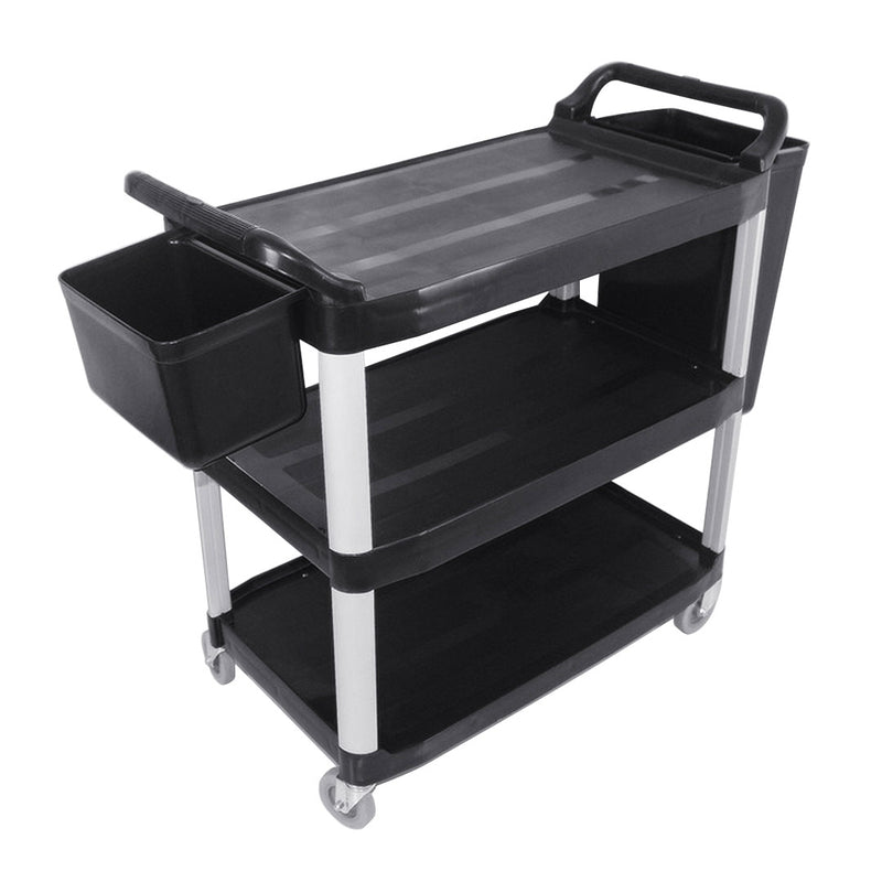 3 Tier PVC Food Trolley With Two Waste Bins Large 950 x 500 x 960mm Black