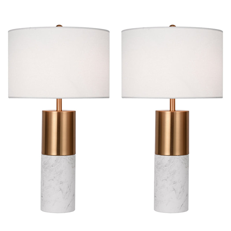 2X 60cm Marble Table Lamps Metal Fabric Drum Shade Cylinder Base White Gold