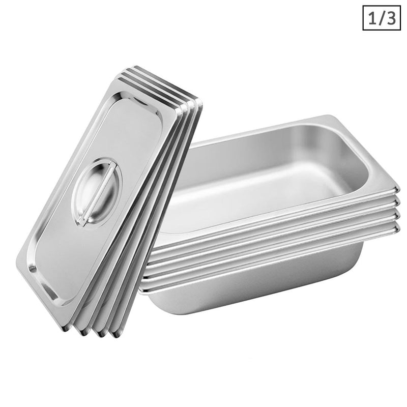 4X 1/3 GN Gastronorm Pan Stainless Steel 6.5cm Deep Stackable With Lid