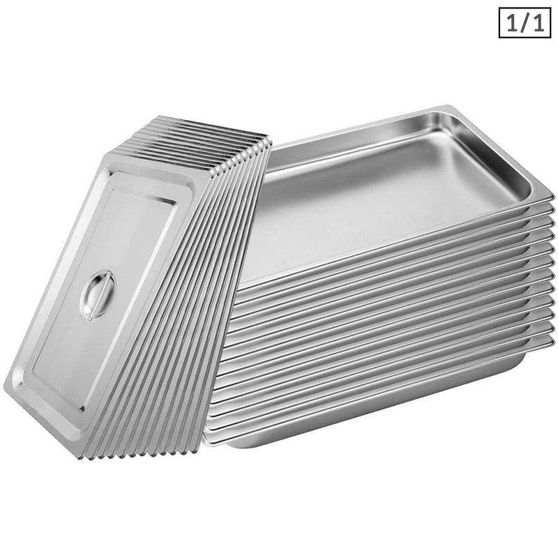 12X Full Size 1/1 Gastronorm Stainless Steel Pan 53cm X 32.5cm X 4cm With Lid