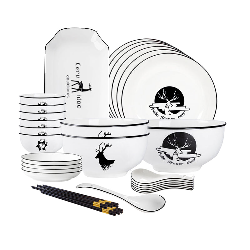 Ceramic Dinnerware White Antler Print Bowls Plates Soup Spoons Set of 20