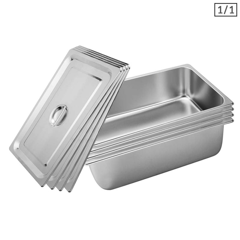 4X 1/1 Gastronorm Pan Stainless Steel Full Size 53cm x 32.5cm x 20cm With Lid