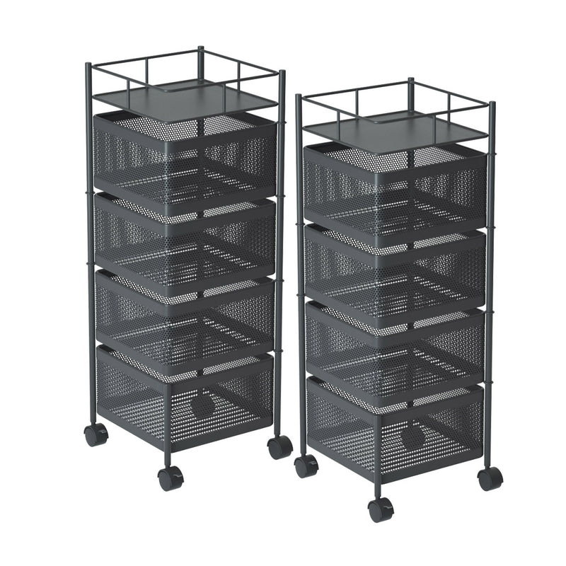 2X 4 Tier Carbon Steel Rotating Mesh Kitchen Cart 30x30x82cm 10Kg Shelf Black