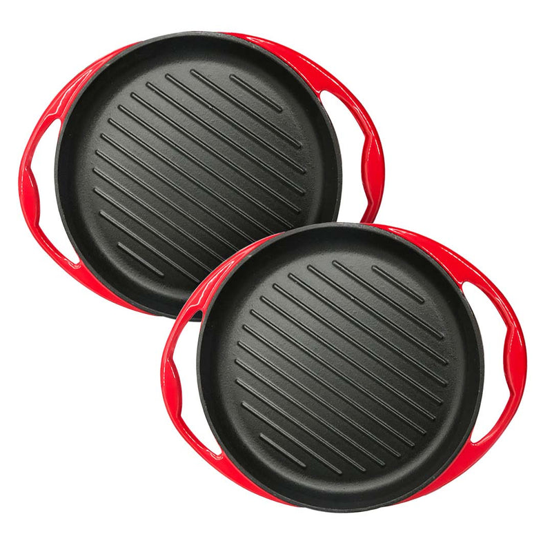 2X Enameled Cast Iron Grill Pan 26cm Red Nonstick Skillet Griddle