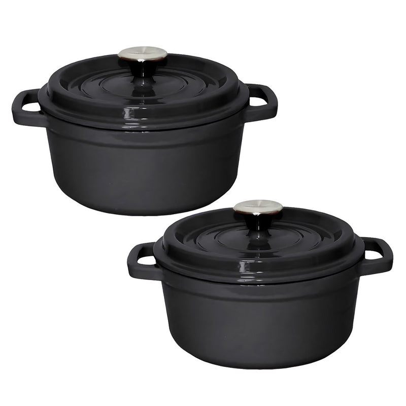 2X Cast Iron 24cm Casserole Stewpot With Lid Black Dishwasher Safe Induction