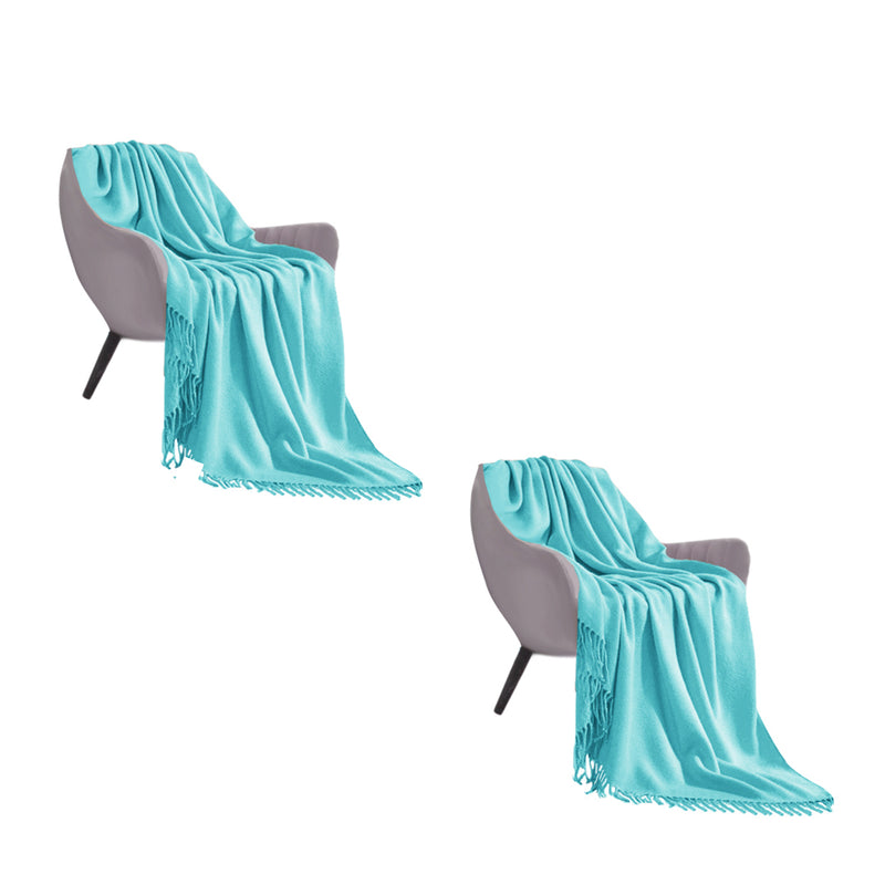 2X Teal Acrylic Knitted Throw Blanket 130cmx220cm Fringed Cozy