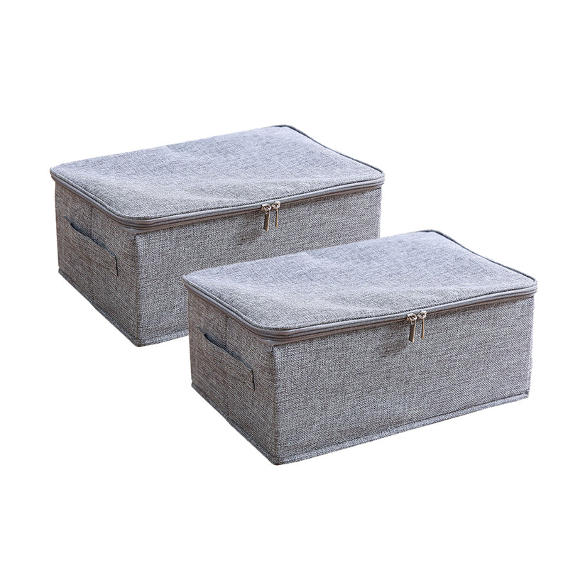2X Grey Small Fabric Storage Box 38x26x15cm Portable Stackable Double Zipper