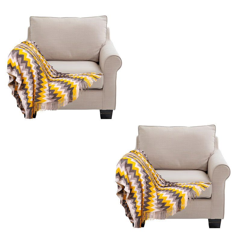 2X 220cm Yellow Zigzag Striped Acrylic Throw Blanket Knitted Fringed Woven