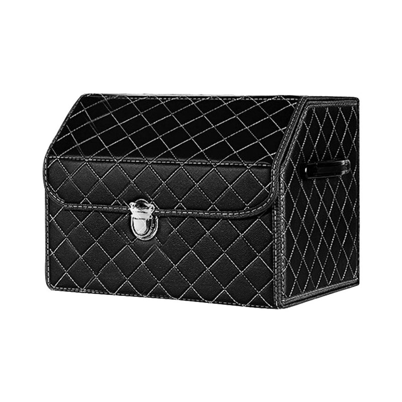 Leather Car Boot Organizer 38cmx31cmx29cm Collapsible Black White Stitch Lock