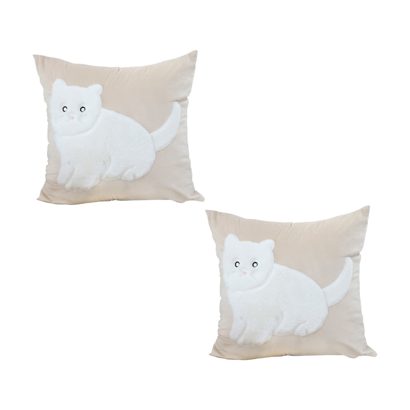 2X Light Tan Square Throw Pillow 45cm Soft White Cat Design Decorative Cushion
