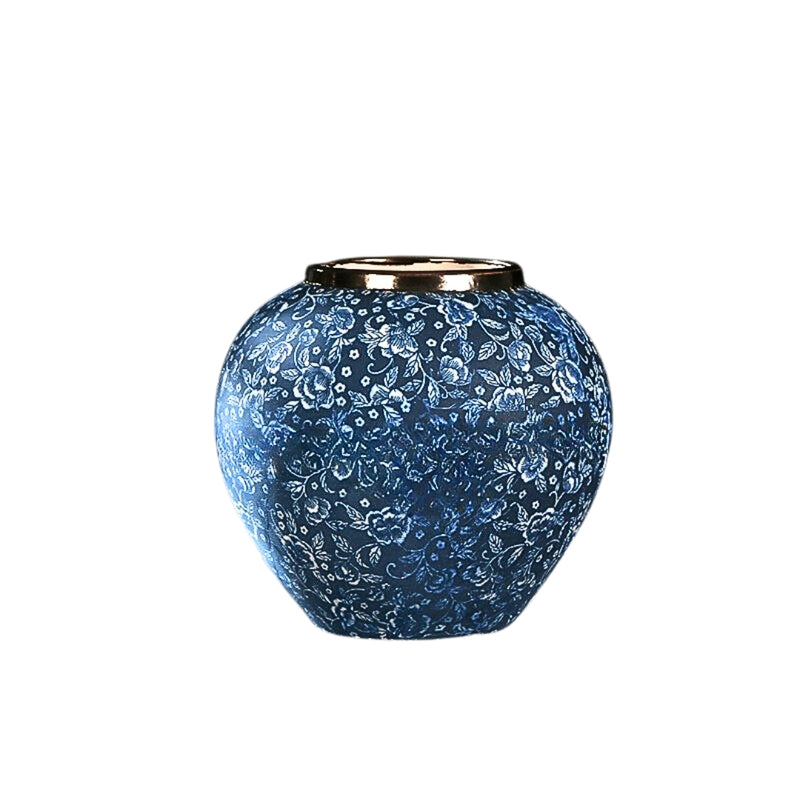 Small Ceramic Flower Vase 21x22Cm Blue With White Floral Handcrafted
