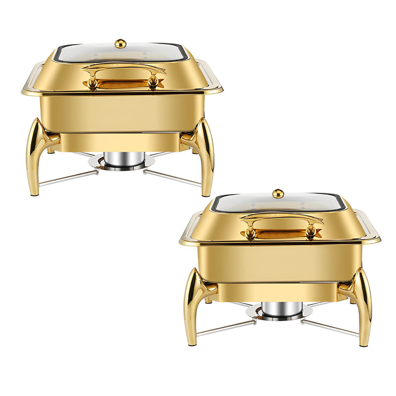 2X Gold Stainless Steel Square Chafing Dish Warmer with Lid 6L Buffet Tray