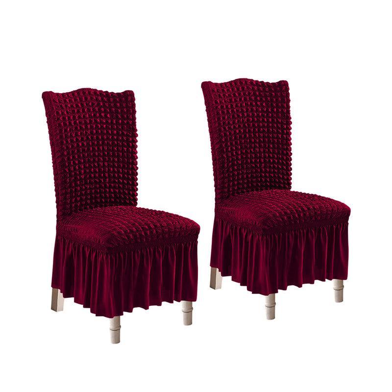 2X Burgundy Polyester Stretch Chair Covers With Ruffle Skirt Seat Protectors