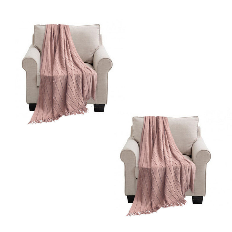 2X Pink Acrylic Knitted Textured Throw Blanket 130cmx170cm Fringed