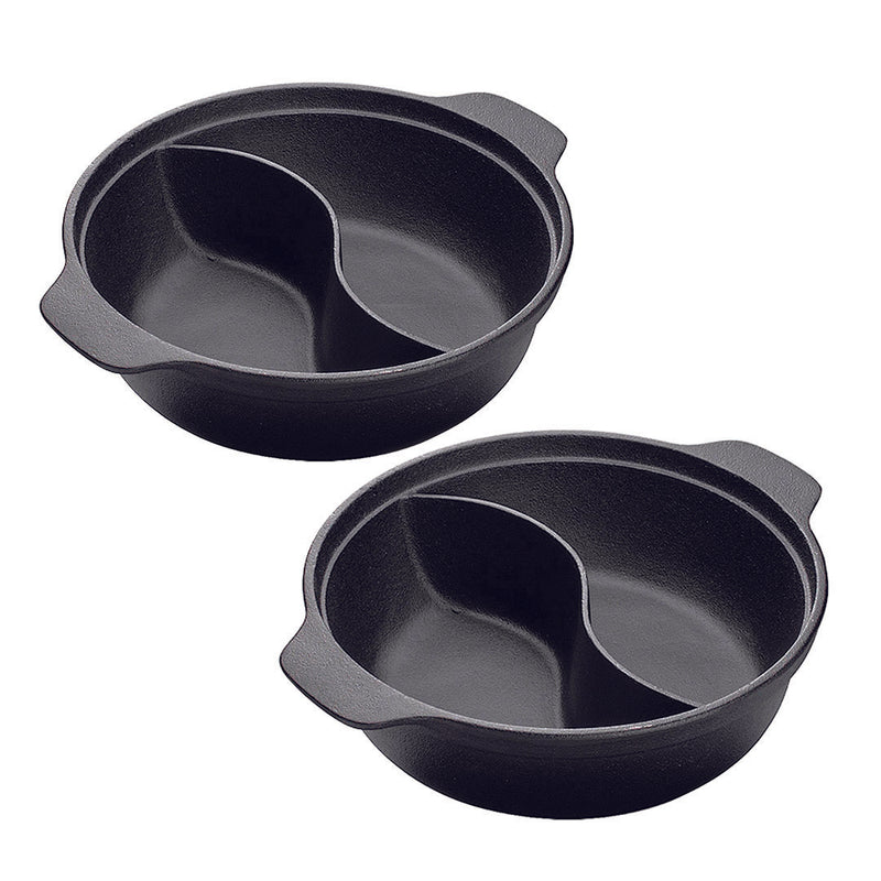 2X 32cm Cast Iron Round Hot Pot Two Flavor Divider Preseasoned Black