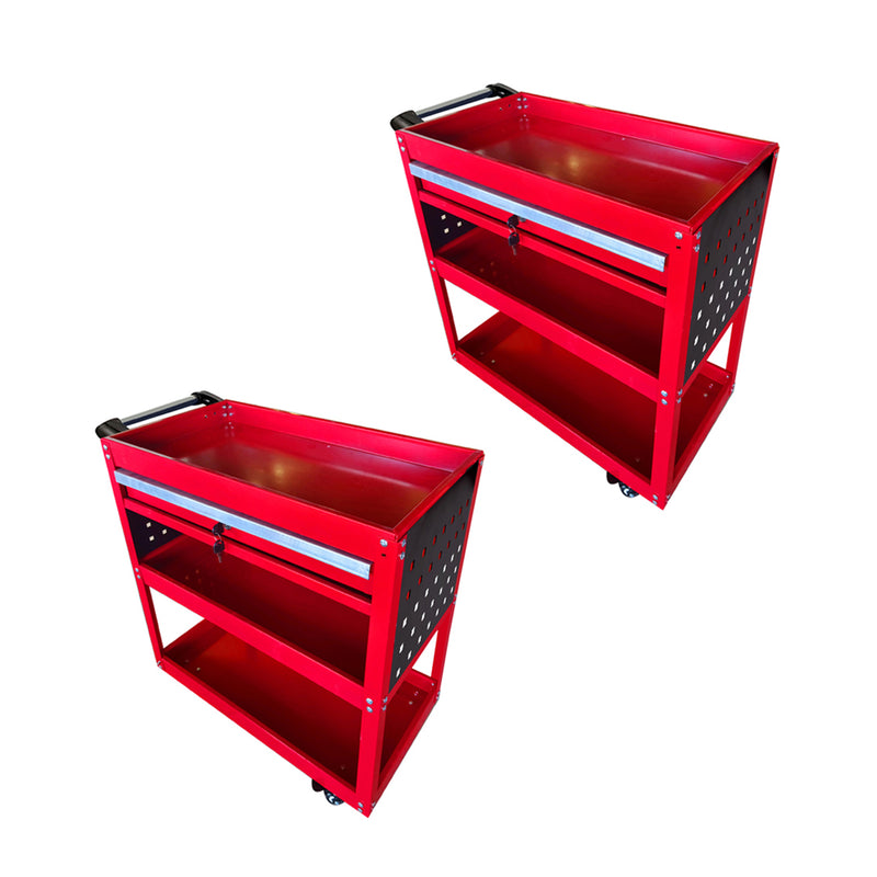 2X 3 Tier Heavy Duty Tool Storage Cart With Drawer Hooks Portable Red Steel