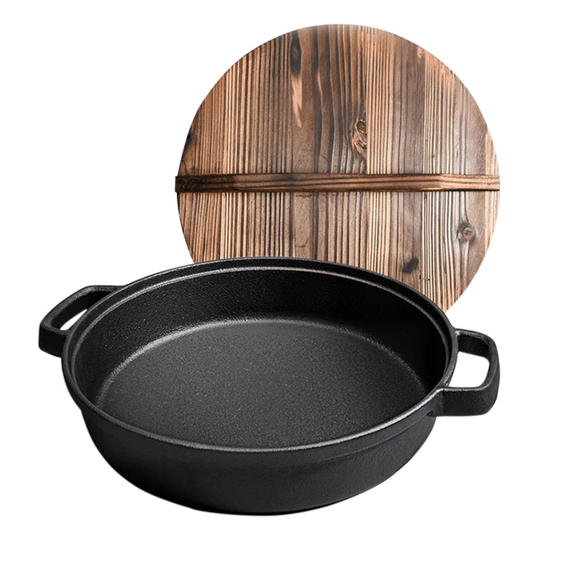 31cm Cast Iron Deep Skillet Preseasoned Nonstick Wooden Lid Black