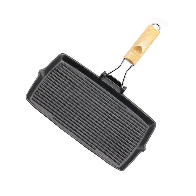 Cast Iron Rectangular Grill Pan 20.5cm Black Folding Wooden Handle