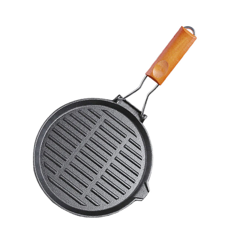 24cm Round Ribbed Cast Iron Non Stick Grill Pan Folding Wooden Handle Black
