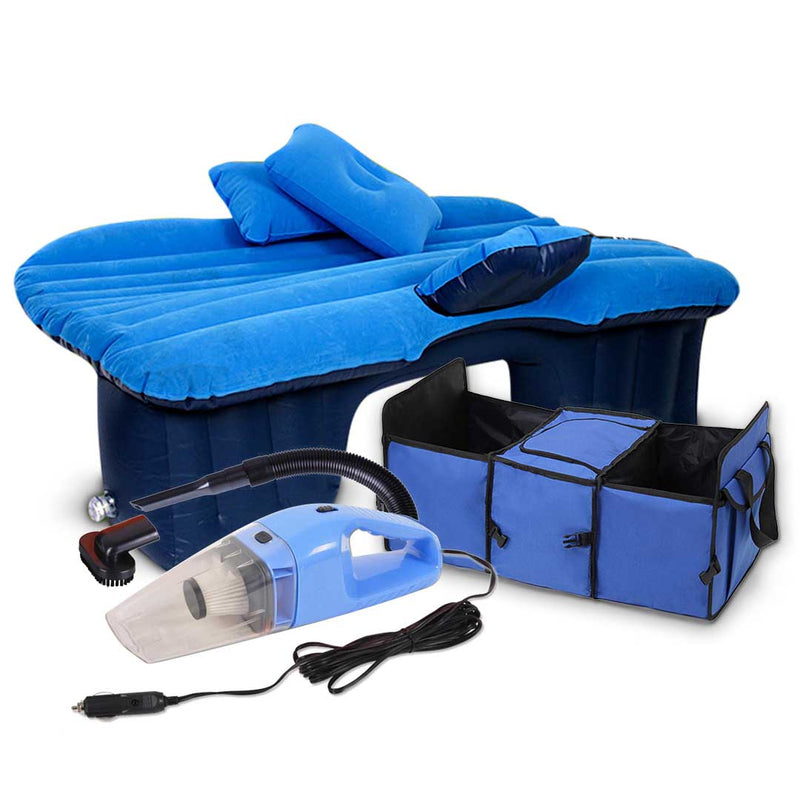 Portable Car Camping Kit 12V Vacuum Inflatable Air Mattress Trunk Organizer Blue