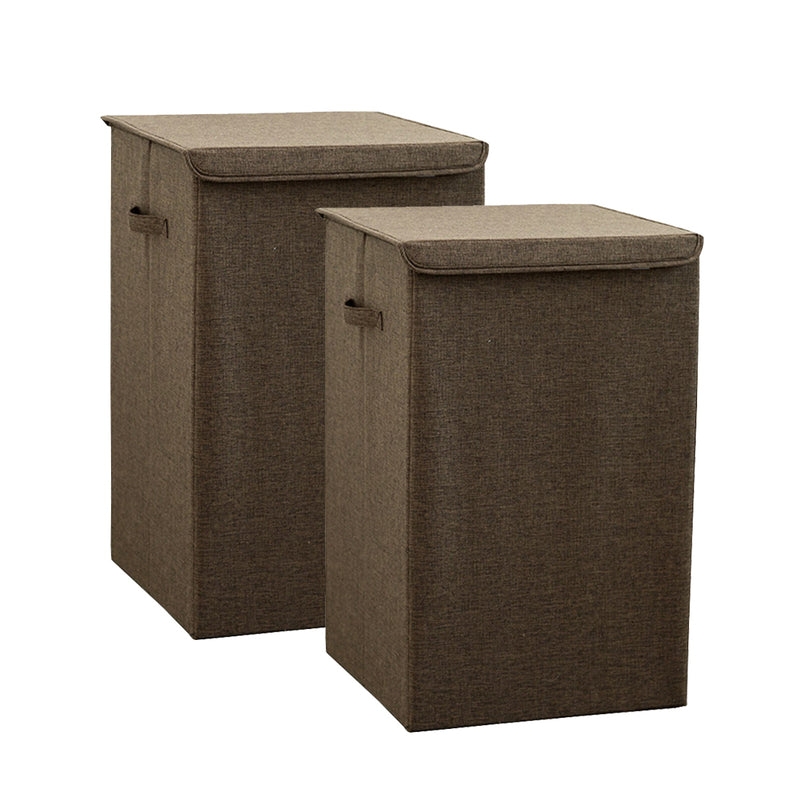2X Coffee Large Foldable Canvas Laundry Hamper Storage Box With Lid 40x40x63cm