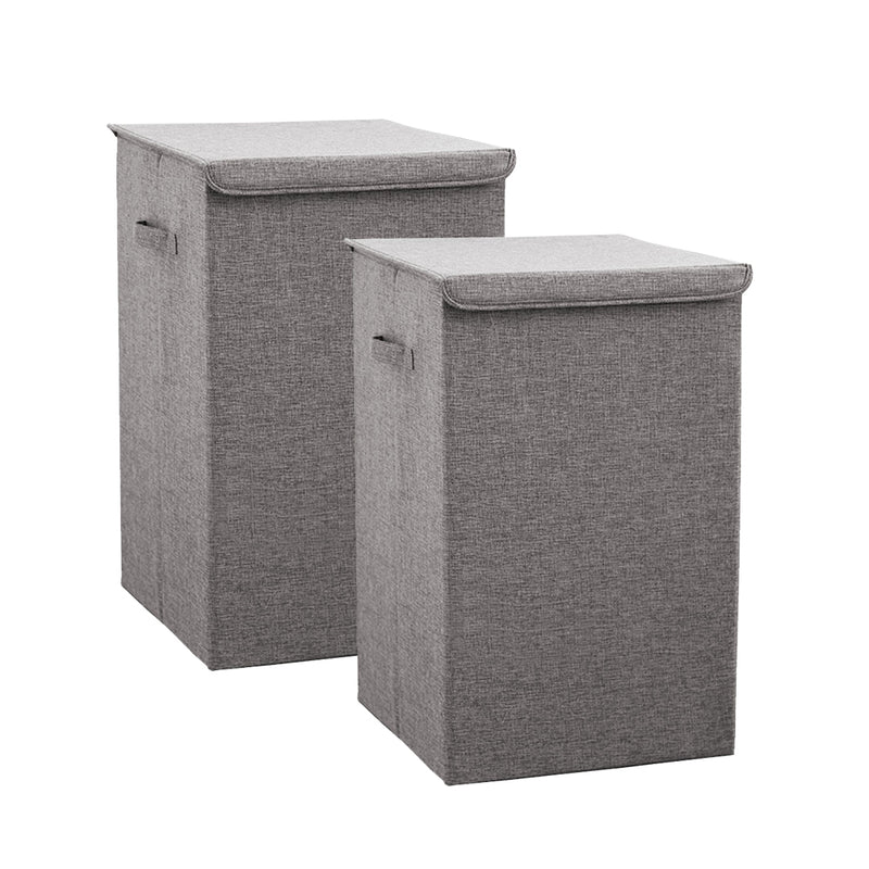 2X Grey Collapsible Laundry Hamper Medium Foldable Canvas Basket With Lid