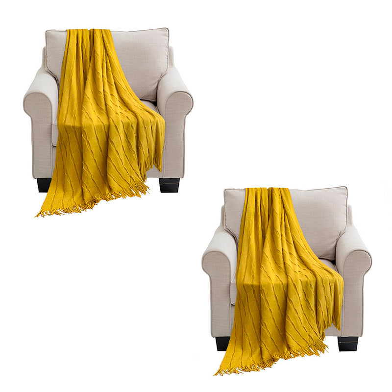 2X Mustard Textured Knitted Throw Blanket Acrylic Cozy Tassels 130x170cm Home Decor
