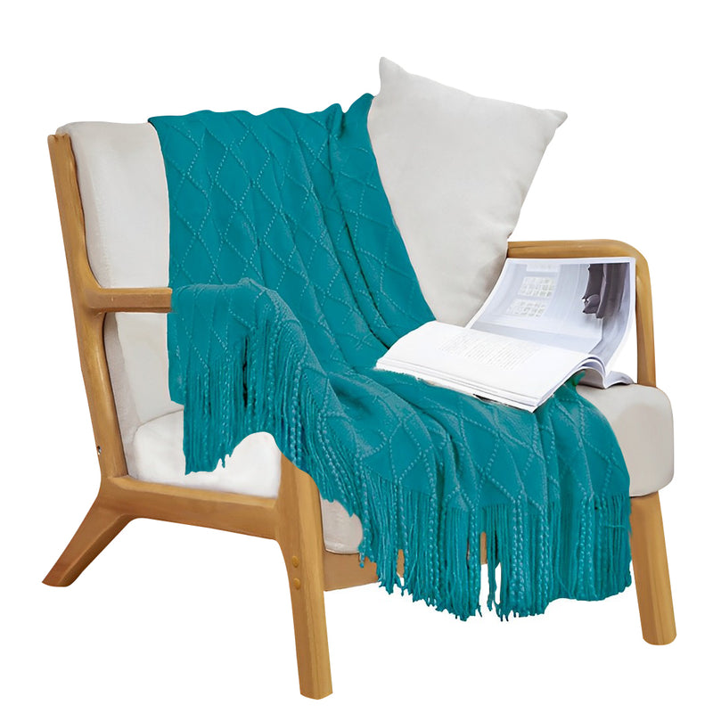 Teal Knitted Throw Blanket Diamond Pattern Tassels Cozy Home Decor 130x170cm