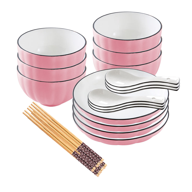 Japanese Style Ceramic Dinnerware Set of 10 Pink 4.5in Bowl 7.5in Plate Stackable