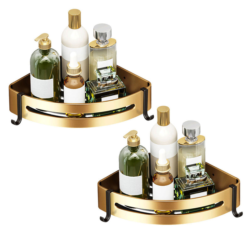 2X Gold Aluminum Corner Wall Mounted Adhesive Bathroom Shelf Rack With Hooks
