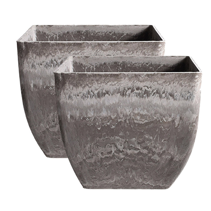2X 32cm Rock Grey Resin Square Planter Pot Cement Look Indoor Outdoor Decor