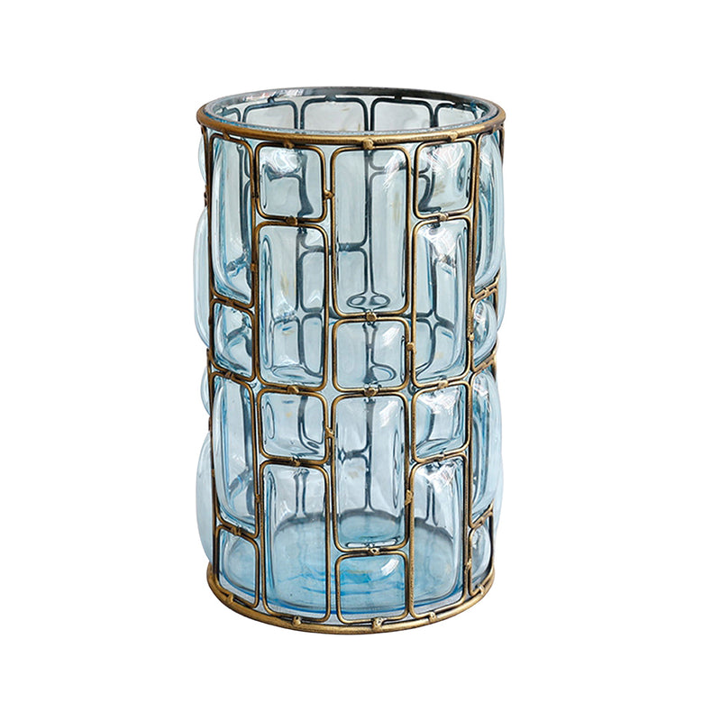 Blue Glass Flower Vase Gold Metal Pattern Home Decor 11x11x23cm Indoor Outdoor