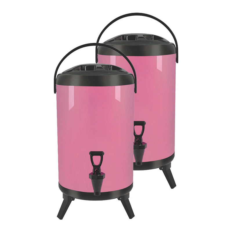 2X 14L Stainless Steel Insulated Milk Tea Beverage Dispenser With Faucet Pink