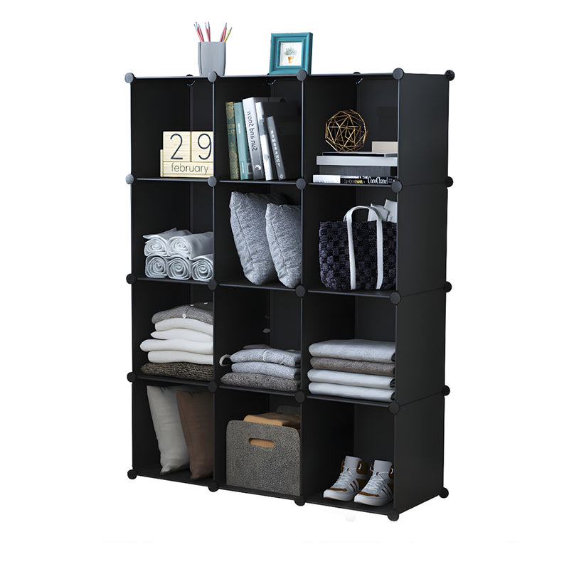 4 Tier 12 Cube Portable Wardrobe Plastic Iron Wire Modular Black 110x37x146cm